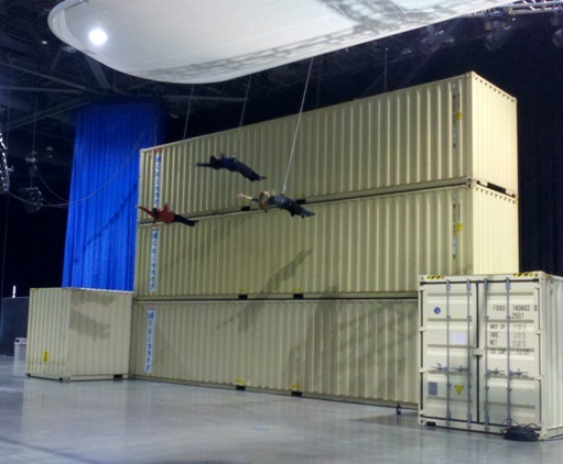 An aerial dance troop hung for a corporate party.